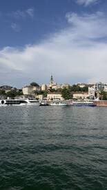 A picturesque view of a bustling harbor with various boats docked along the waterfront, showcasing the vibrant cityscape in the background.