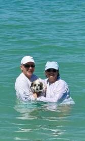 A happy couple enjoys a refreshing swim with their dog in the clear waters, capturing a joyful moment perfect for beach outings and family adventures.