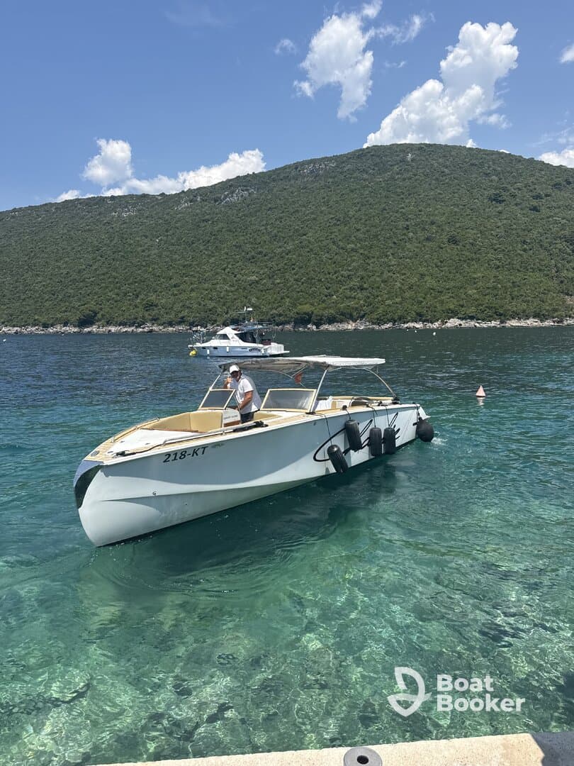 A speedboat is docked in clear waters with a scenic mountainous backdrop, showcasing its sleek design and inviting atmosphere for a day on the water.