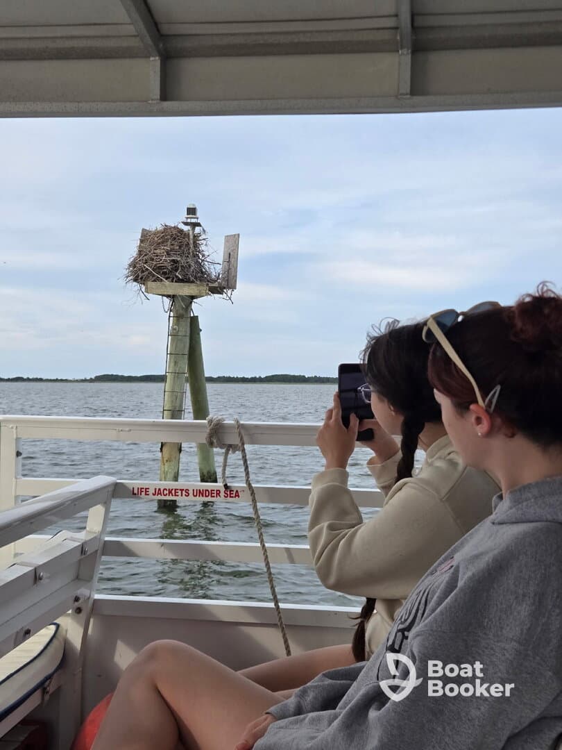Two friends capture a moment on a boat, enjoying the scenic view of a bird's nest on a post — a perfect blend of nature and adventure.