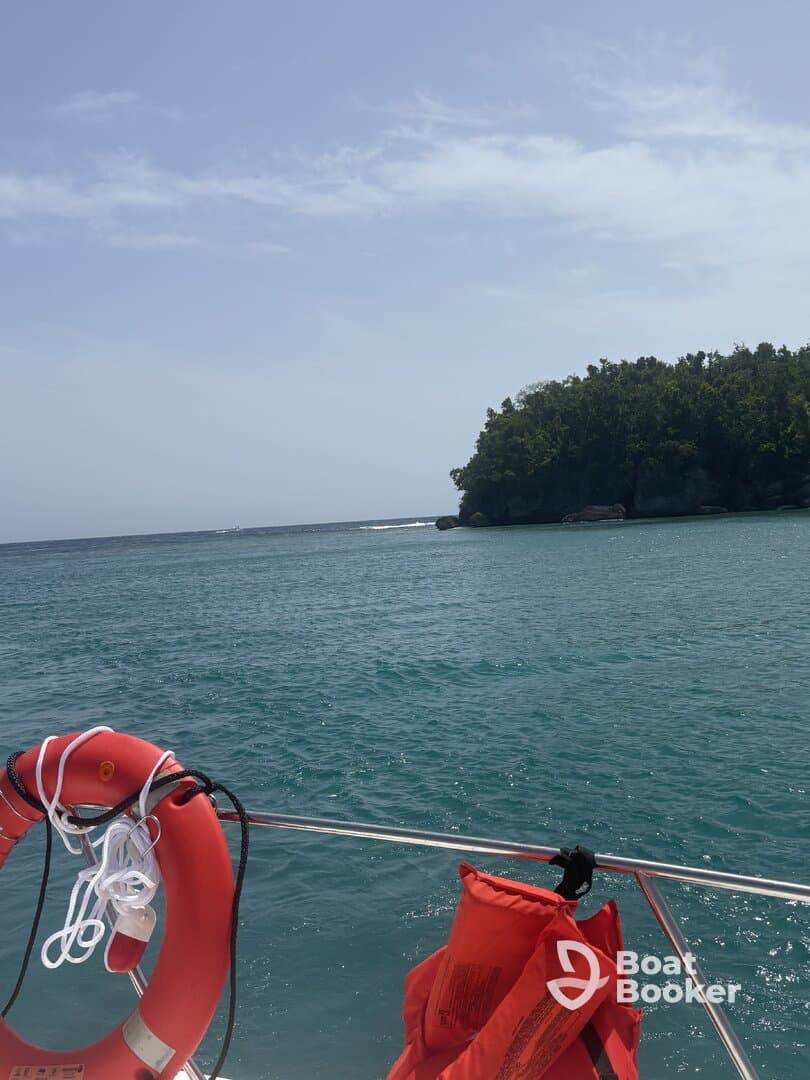 A scenic view from a boat showcasing the tranquil ocean and a lush green coastline, perfect for a relaxing day on the water.