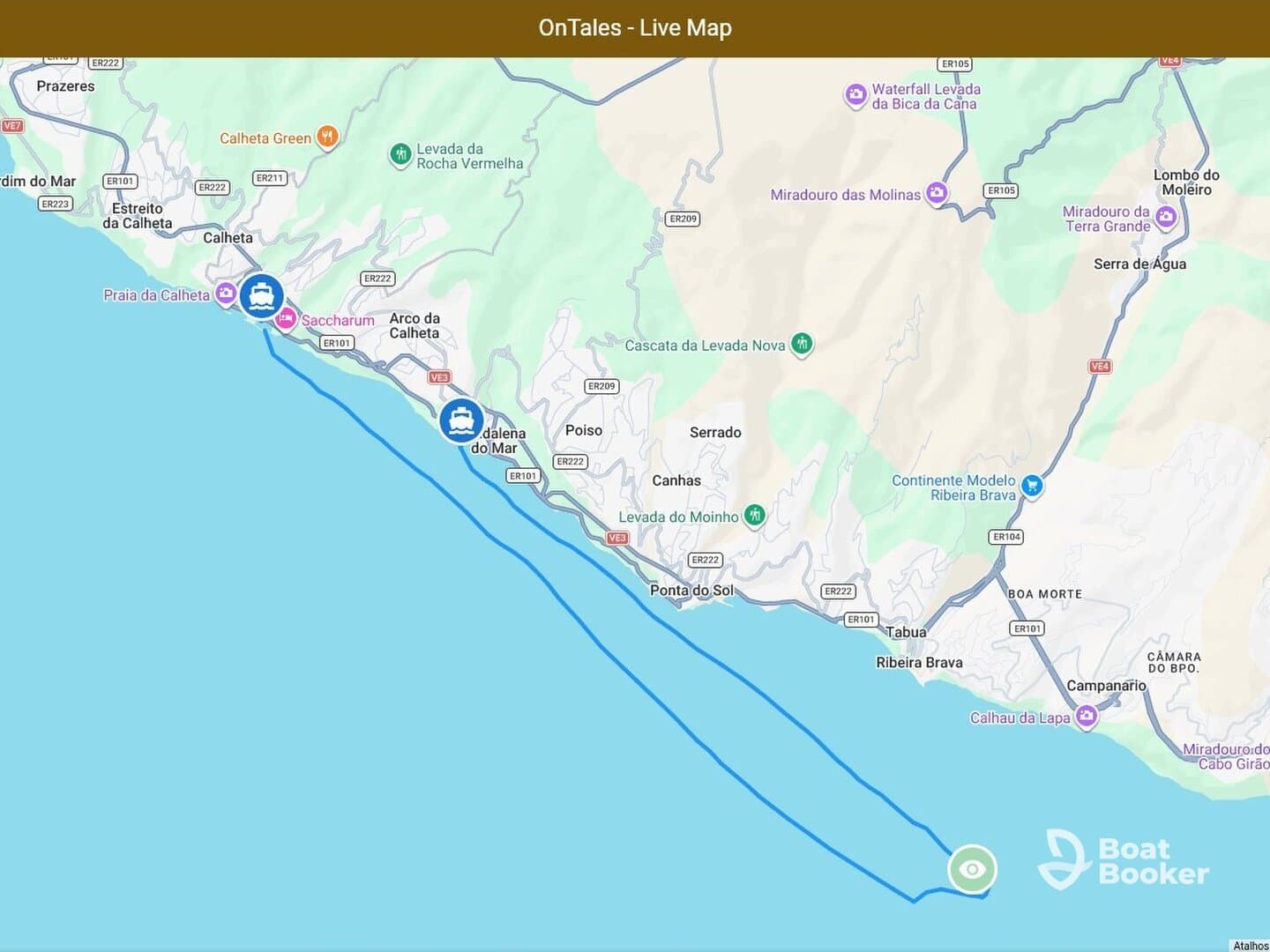 Map showing a coastal area with various landmarks and routes, useful for navigation and planning boat trips.