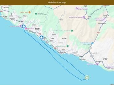 Map showing a coastal area with various landmarks and routes, useful for navigation and planning boat trips.