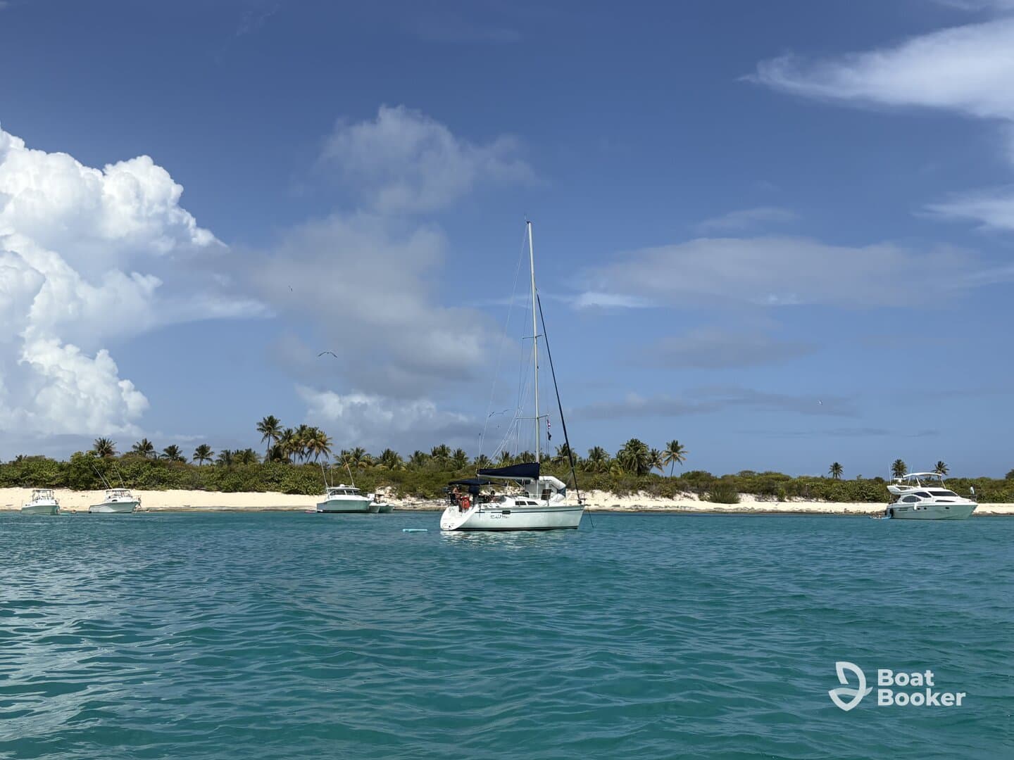 A serene view of a sailboat anchored in turquoise waters, surrounded by lush greenery and sandy beaches — a perfect setting for a relaxing day on the water.