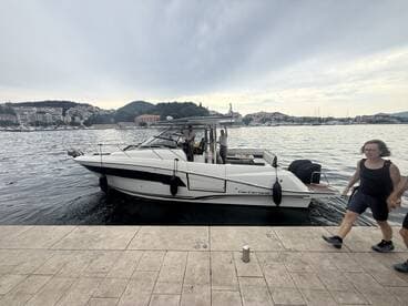 A boat approaches the dock with guests walking alongside, capturing the lively atmosphere of a harbor setting.