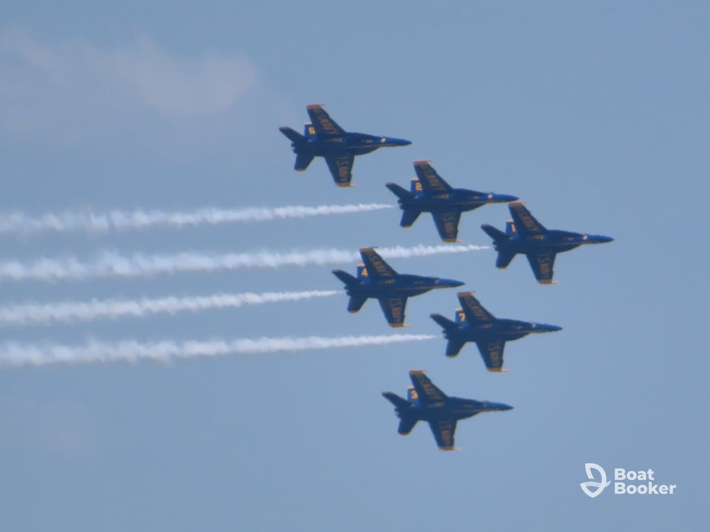 A formation of jets performing aerial maneuvers, showcasing precision flying in a clear blue sky.