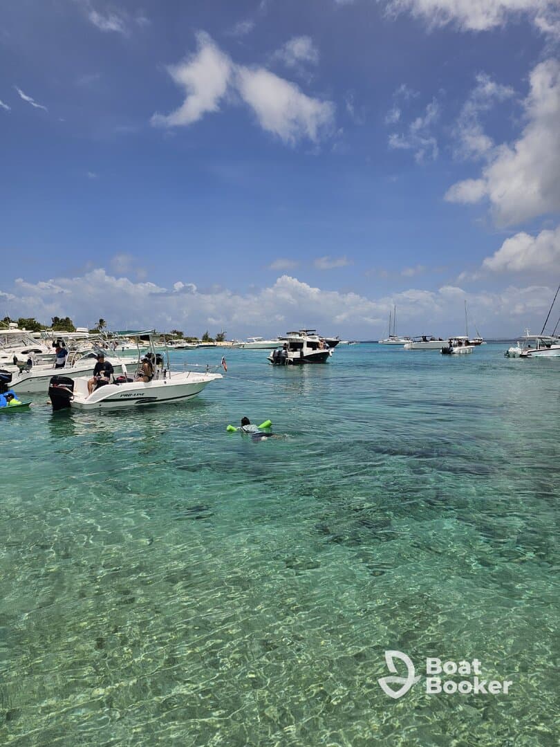 A lively scene at a popular swimming spot with boats anchored nearby, featuring a child enjoying the water with floaties — perfect for family fun and water activities.