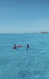 A couple enjoys a refreshing swim in crystal-clear waters, showcasing the perfect tropical getaway experience.