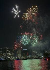 A stunning display of fireworks lights up the night sky over the city, creating a vibrant backdrop for a memorable boating experience.