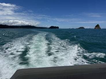 A stunning view of the boat's wake as it navigates through clear blue waters, showcasing the beautiful coastal landscape in the background.
