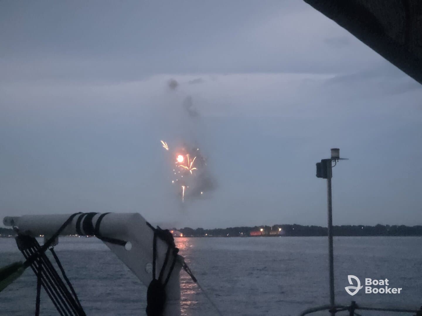 A stunning display of fireworks lights up the night sky, viewed from a boat — a perfect backdrop for celebrations on the water.