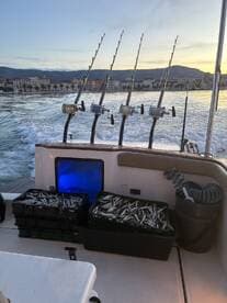 Fishing gear and freshly caught fish are displayed on board, showcasing the excitement of a successful fishing trip.