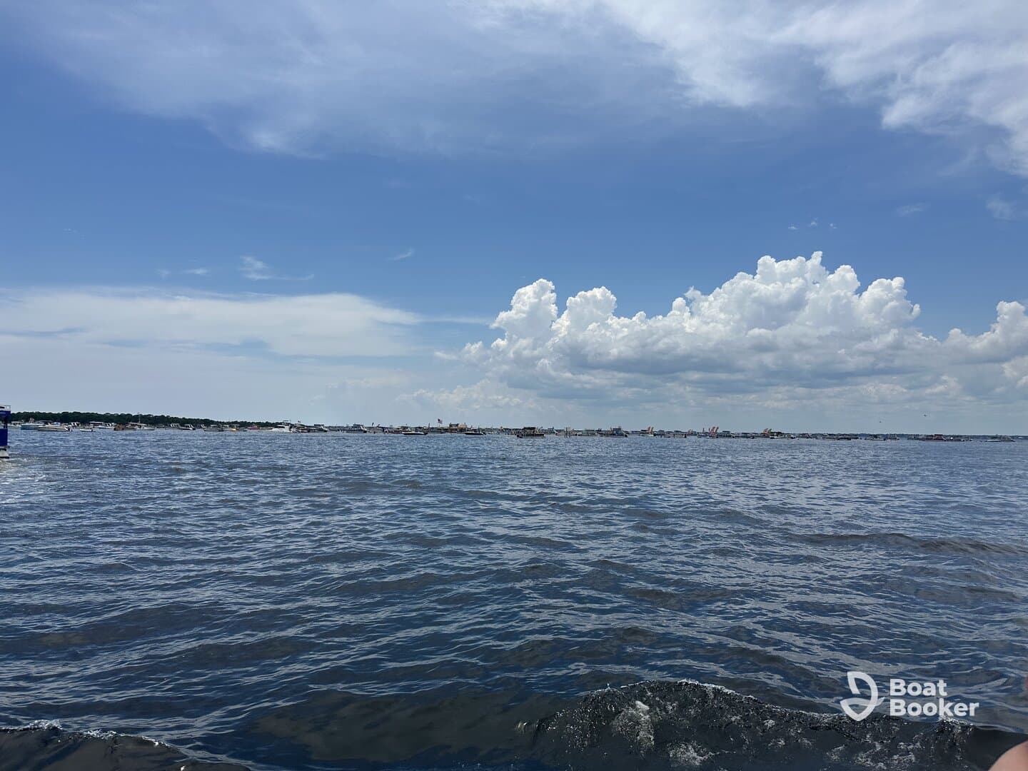 A scenic view of the water under a partly cloudy sky, capturing the essence of a tranquil day on the water.