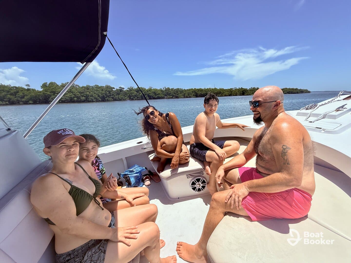 A joyful family enjoys a sunny day on a boat, creating lasting memories together in a beautiful waterfront setting.