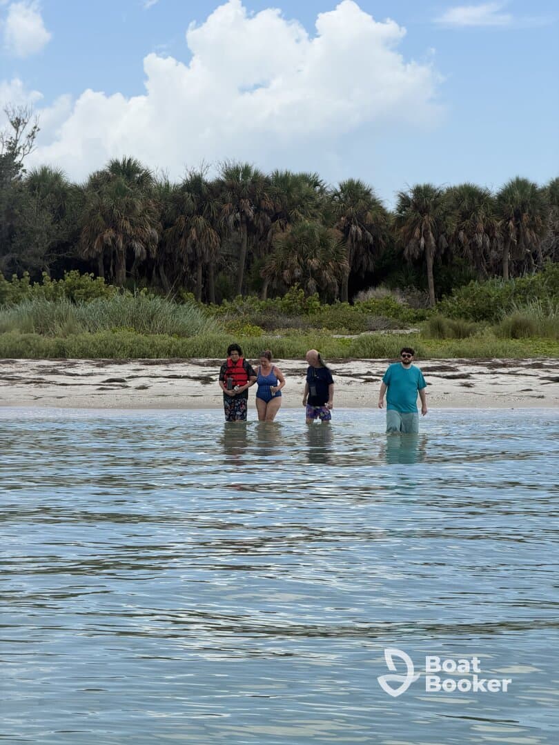 A group of friends enjoys a day at the beach, wading in the shallow waters surrounded by lush greenery — perfect for a fun-filled outing.
