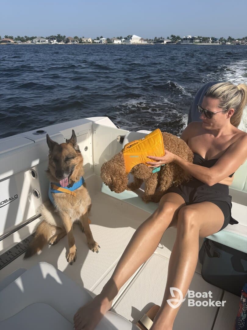A woman enjoys a sunny day on a boat with her two dogs, showcasing a fun and relaxing boating experience.