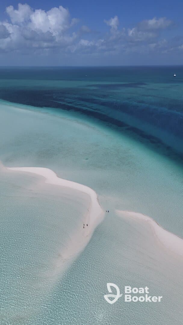A stunning aerial view of a sandbar with people walking along the shoreline, surrounded by crystal-clear turquoise waters — a perfect tropical getaway.