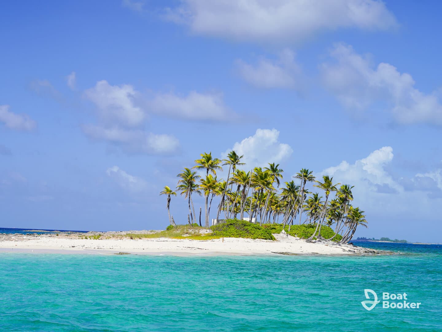 A picturesque view of a tropical island with swaying palm trees and crystal-clear waters, perfect for island hopping adventures and beach getaways.