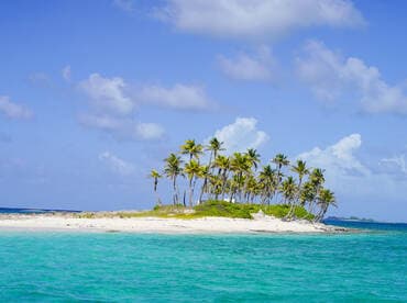 A picturesque view of a tropical island with swaying palm trees and crystal-clear waters, perfect for island hopping adventures and beach getaways.