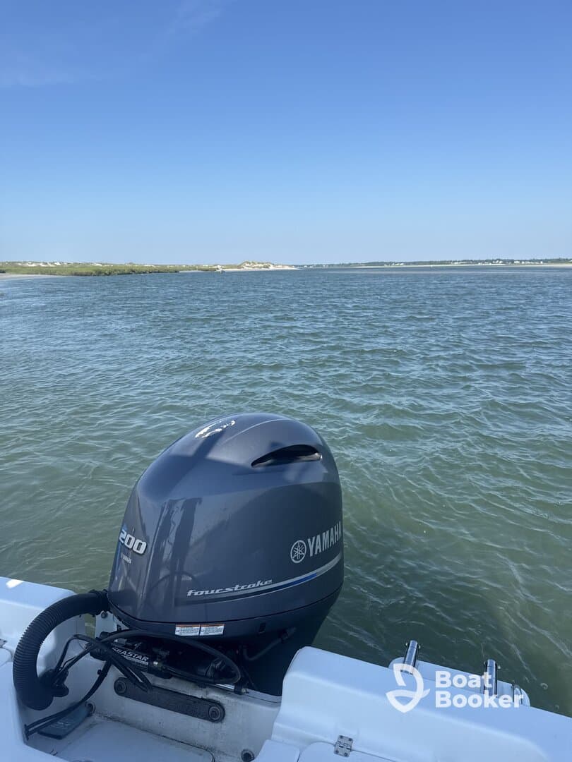 A close-up view of a Yamaha 200 outboard motor on a boat, set against a serene water backdrop, showcasing the vessel's engine and the tranquil environment.
