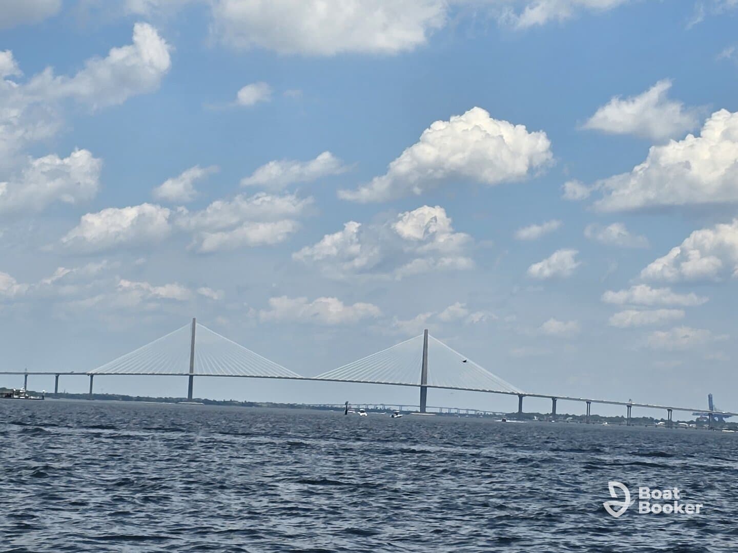 A stunning view of a bridge spanning across the water under a bright blue sky, showcasing the beauty of the surrounding scenery.