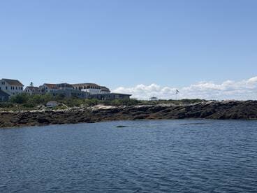 A picturesque view of a rocky coastline with charming buildings in the background, showcasing the beauty of coastal landscapes.