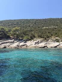 A stunning view of a rocky coastline with lush greenery and crystal-clear turquoise waters, perfect for showcasing the natural beauty of the area.