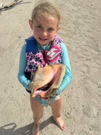 A young girl proudly holds a large conch shell on the beach, showcasing a delightful moment of exploration and discovery in nature.