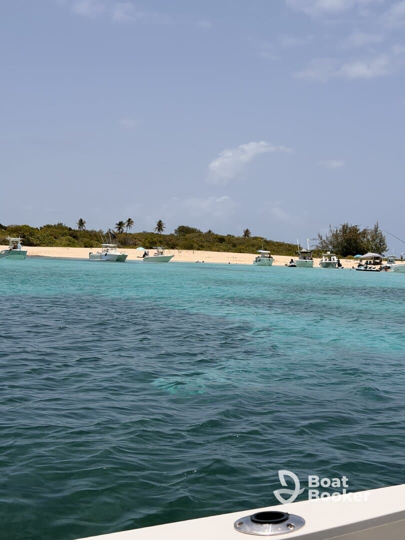 A picturesque view of multiple boats anchored near a sandy beach, surrounded by stunning turquoise waters — a perfect destination for a day of relaxation and exploration.