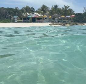 A serene view of a beachside establishment with colorful umbrellas, captured from the clear waters — perfect for a relaxing day by the shore.