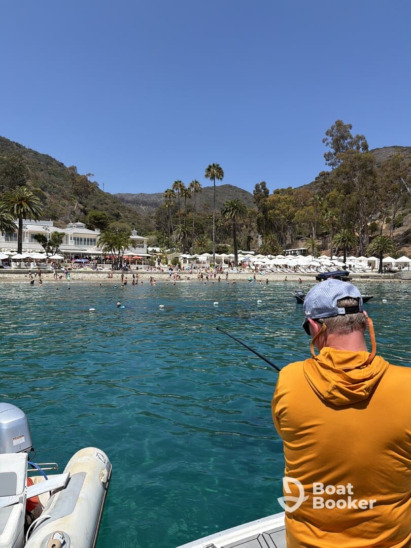 A person fishing from a boat near a lively beach, surrounded by palm trees and sunbathers — a perfect day for outdoor activities and relaxation by the water.