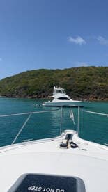 A scenic view of a group enjoying the water near a yacht, with lush greenery in the background — perfect for a day of fun and relaxation on the water.