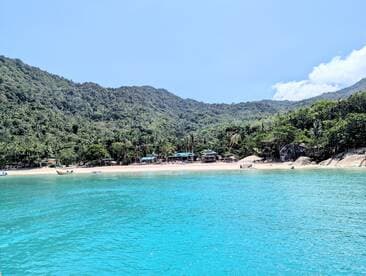 A stunning view of a tranquil beach surrounded by lush greenery and clear turquoise waters, perfect for a relaxing getaway or island exploration.