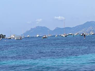 A vibrant scene of various boats and a paddleboarder enjoying the clear waters, showcasing the beauty of a coastal getaway.