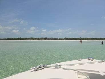 A scenic view from a boat at a sandbar, showcasing guests enjoying the shallow waters and sandy beach — a perfect spot for relaxation and fun in the sun.