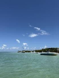 A picturesque view of several boats anchored along a beautiful coastline, showcasing a perfect day for boating and enjoying the serene waters.