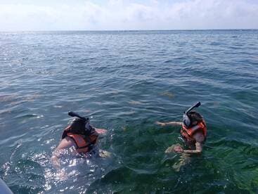 Two snorkelers enjoy the clear waters while exploring marine life, showcasing the excitement of underwater adventures.