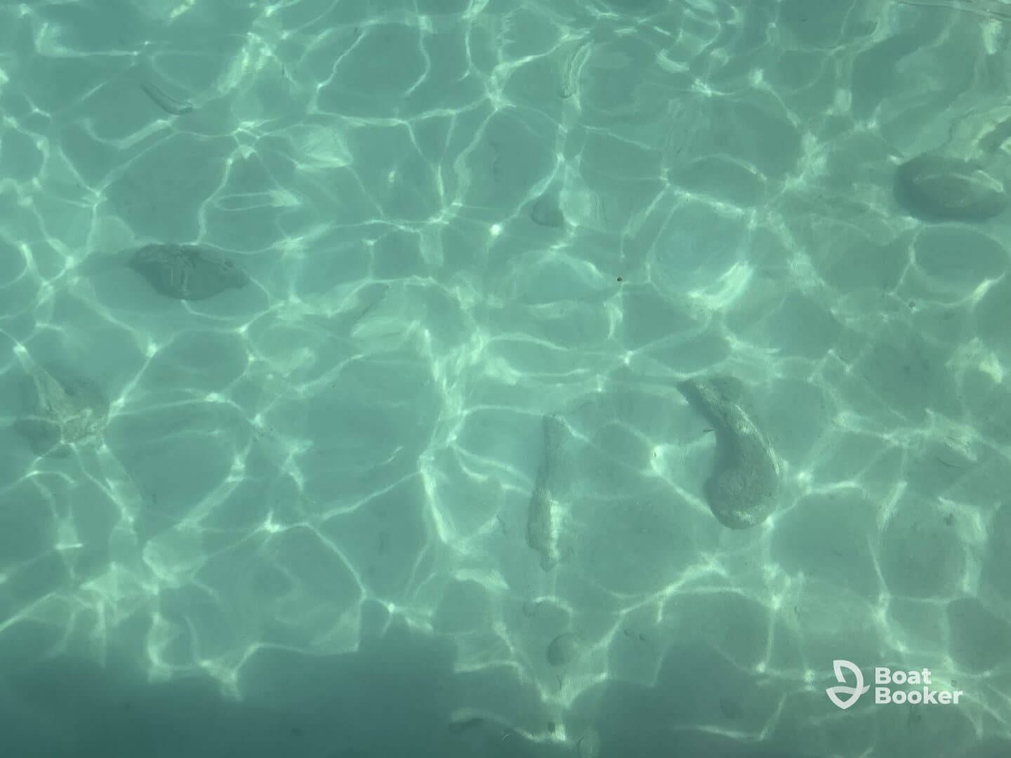 An unclear underwater image showing light reflections on the surface, making it difficult to identify any specific subjects.