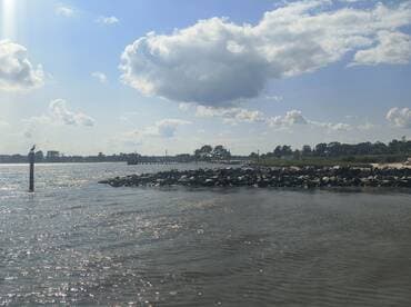 A scenic view of a waterfront with a pier and a bird perched on a post, capturing the tranquil atmosphere of the area.