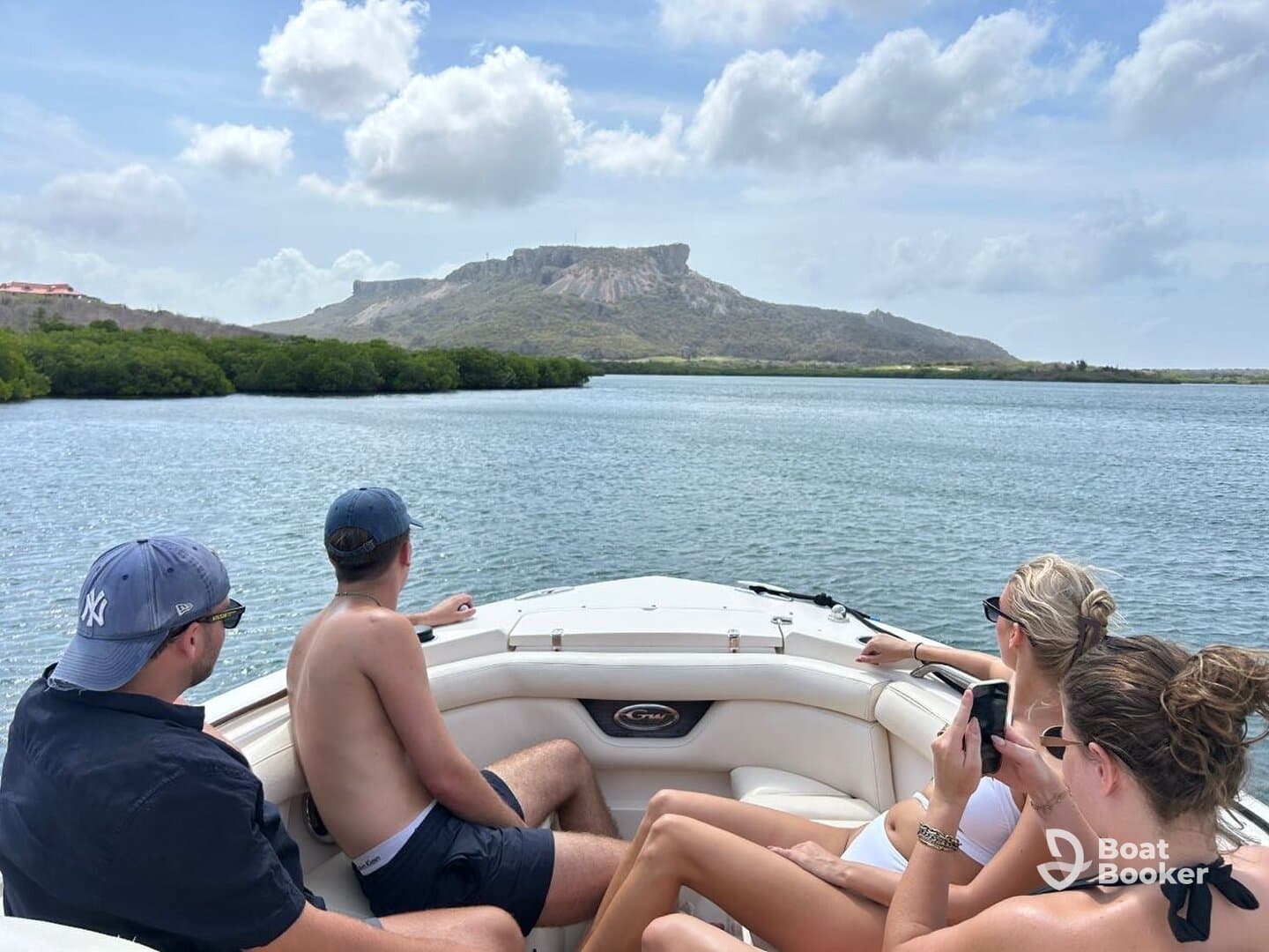 A group of friends enjoys a scenic boat ride, taking in the beautiful views of the landscape while relaxing on the deck. Perfect for a day of adventure and exploration on the water.