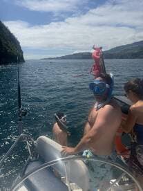 A group enjoys snorkeling off the side of a boat, with stunning coastal scenery in the background — perfect for adventure seekers and marine exploration.