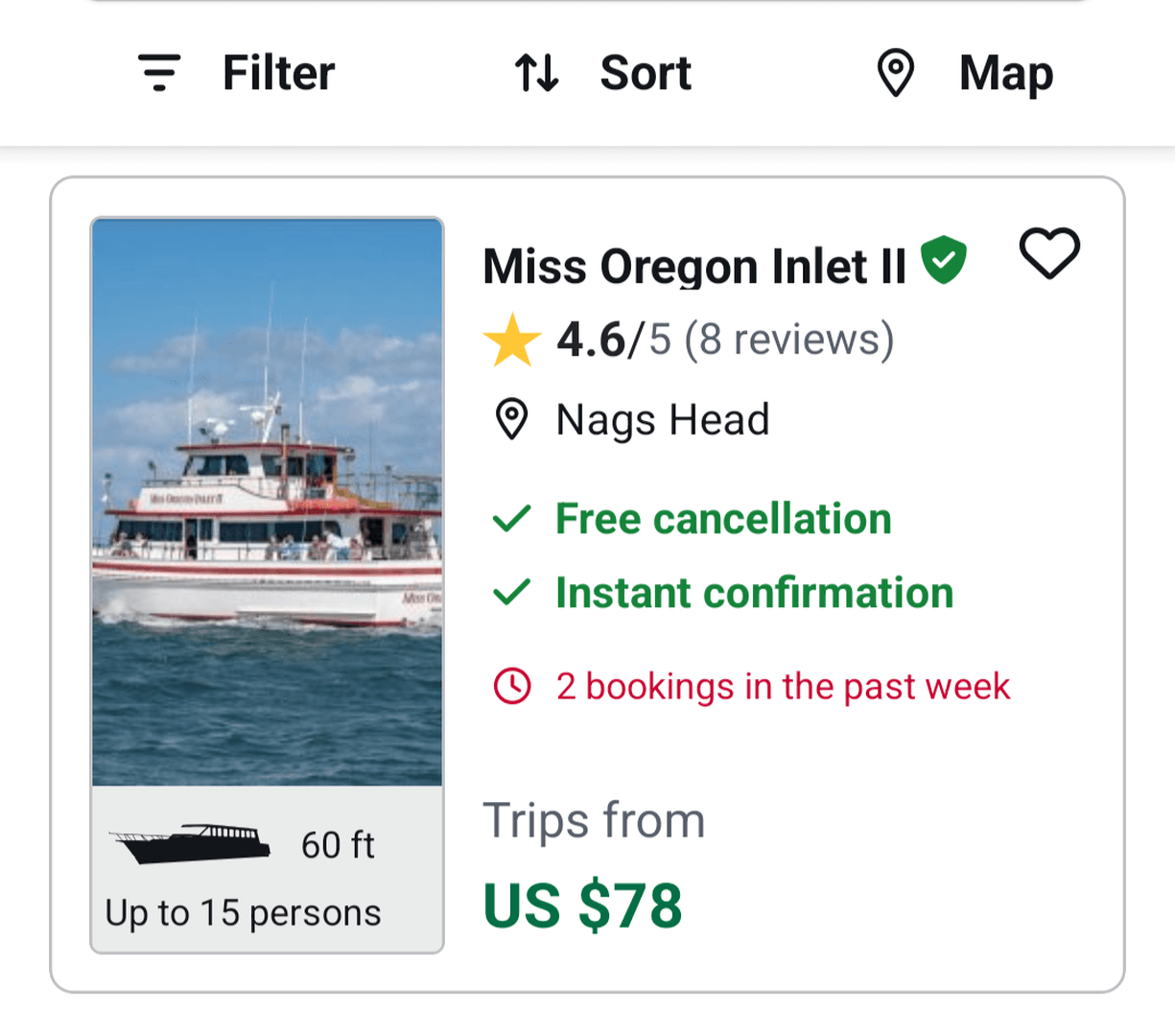 The Miss Oregon Inlet II, a 60-foot vessel located in Nags Head, offers trips for up to 15 persons, ideal for group outings and fishing adventures.