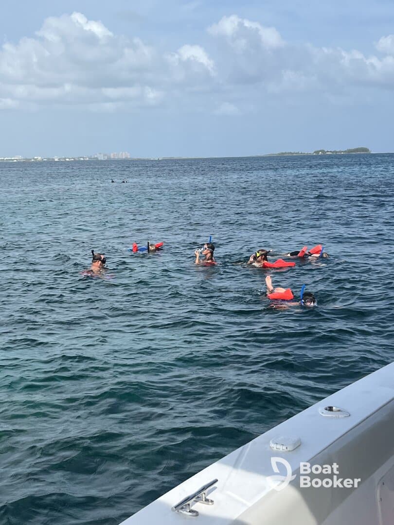 A group of snorkelers enjoys an exciting underwater adventure in clear ocean waters, showcasing the thrill of marine exploration.