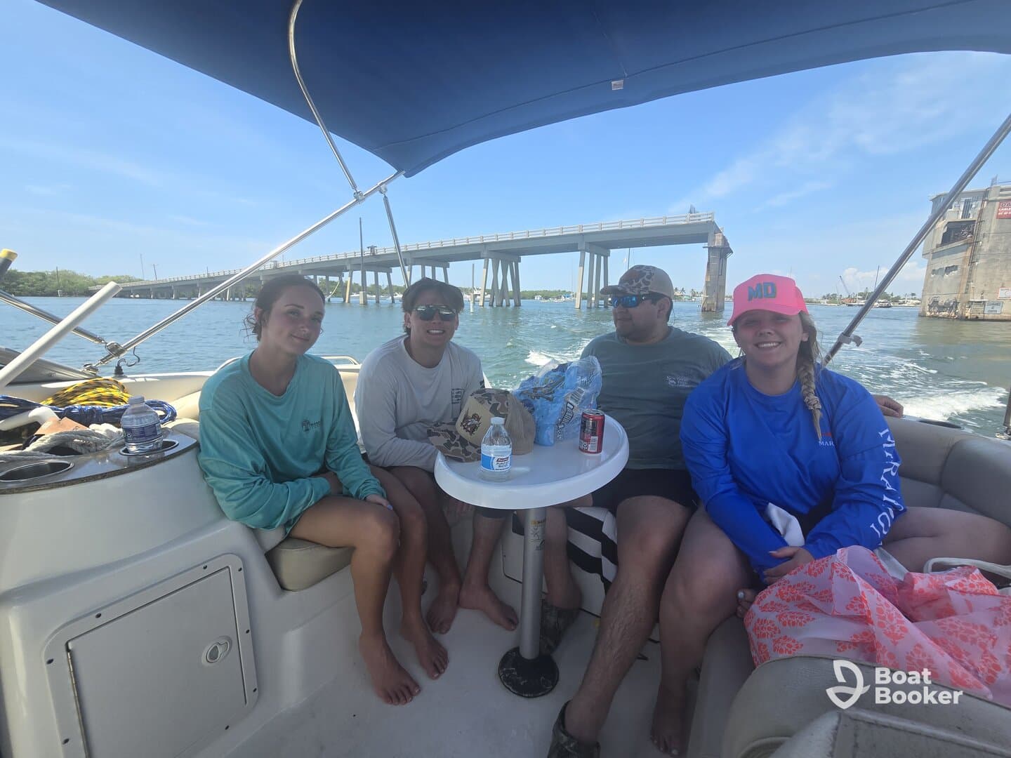 A group of friends relaxes on a boat, enjoying their time together on the water — perfect for a fun day out or a memorable boating experience.