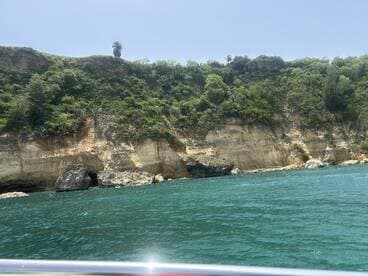 A stunning view of a rugged coastline with lush greenery and clear turquoise waters, perfect for exploring by boat.