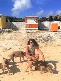 A woman interacts with friendly pigs on the beach, showcasing a unique wildlife experience in the Bahamas.