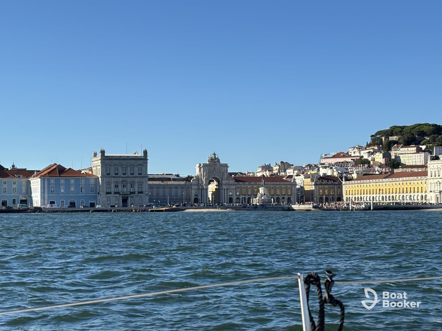 A picturesque view of the historic waterfront buildings in Lisbon, showcasing the vibrant architecture and beautiful coastline, perfect for sightseeing and exploring the city's rich culture.