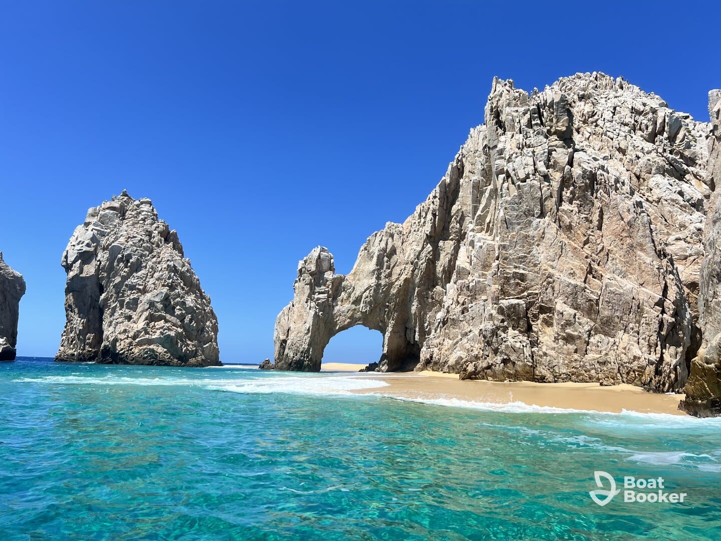 Breathtaking view of iconic rock formations at Cabo San Lucas, surrounded by crystal-clear waters — a must-see destination for boat tours and scenic cruises.