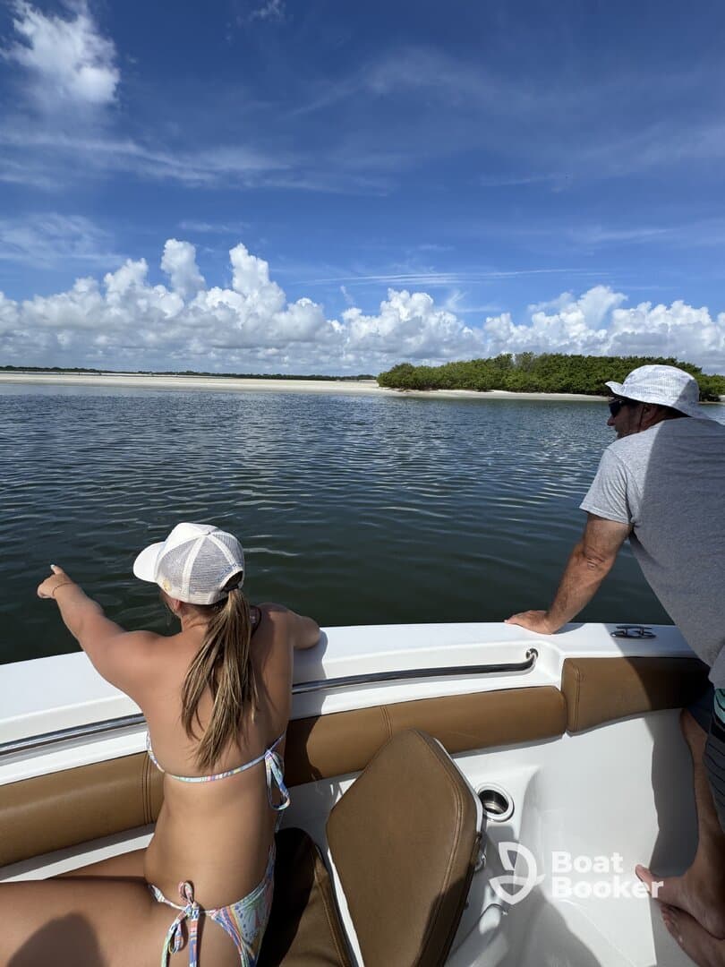A young girl and an adult enjoy the scenic view from their boat, pointing towards the shoreline, capturing the essence of a fun day on the water.