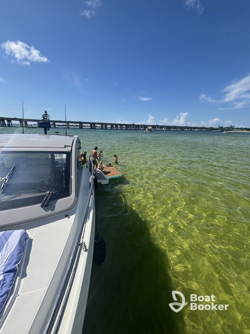 A lively group enjoys a sandbar stop, with some swimming and others relaxing on the boat — a perfect day for fun in the sun.